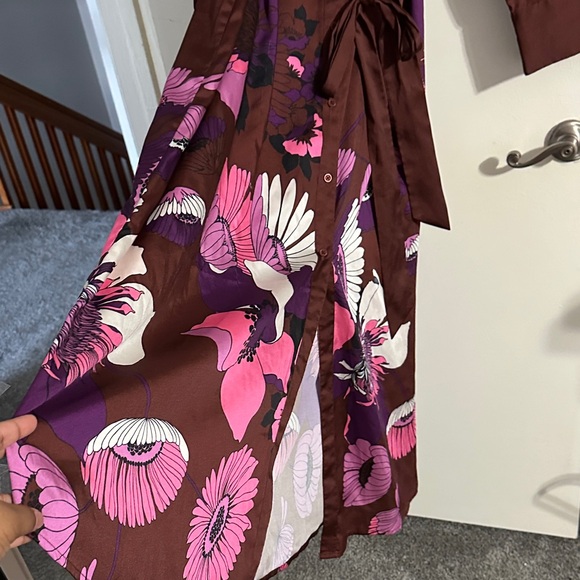 Express Brown Long-Sleeve Floral Shirt Dress with Pink Accents - Picture 6 of 11